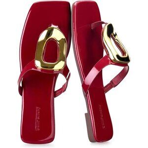 Women Red and Gold Buckle Flat Sandals Square Toe Dressy Flip Flops Trendy Thong